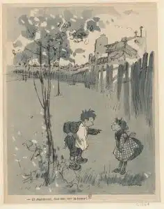 라시에트 오 뵈르를 위한 일러스트. 사회적 금기에 대해 이야기하는 두 아이. (1905)