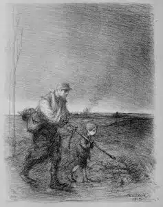 풀보의 석판화. 아버지의 검으로 병정놀이를 하는 소년 '풀보'. (1915)