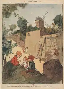 1910년 풍자 언론의 스크랩. 풀보의 유머러스한 일러스트.