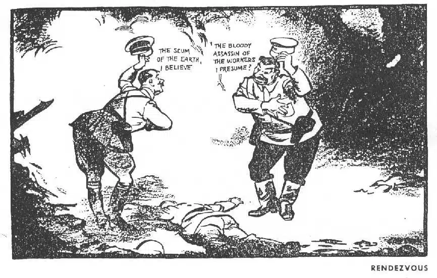 영국 예술가 데이비드 로의 〈랑데부〉(1939). 히틀러와 스탈린이 서로 인사를 나누는 모습입니다.