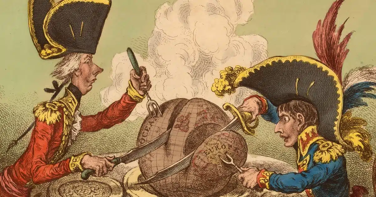 길레이 작 〈위기에 처한 플럼 푸딩〉(1805). 나폴레옹과 영국 수상이 세계를 나눠 자르고 있습니다.